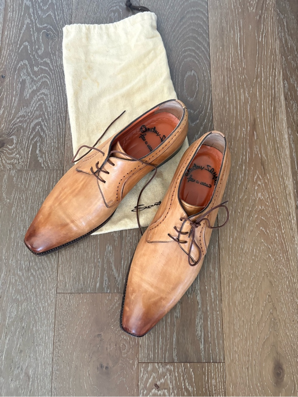 Santoni Men's Tan Burnished Leather Oxford Shoes - Picture 8 of 9